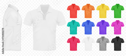 Black, white and other basic color men t-shirts set. Design template. Realistic Vector illustration on the transperant alpha background.