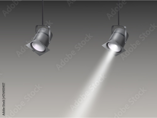Theater, cinema, studio beaming spotlights hanging from above realistic vector illustration. Turned on and off cine lighting units, lightning equipment for performance or premiere stage illumination