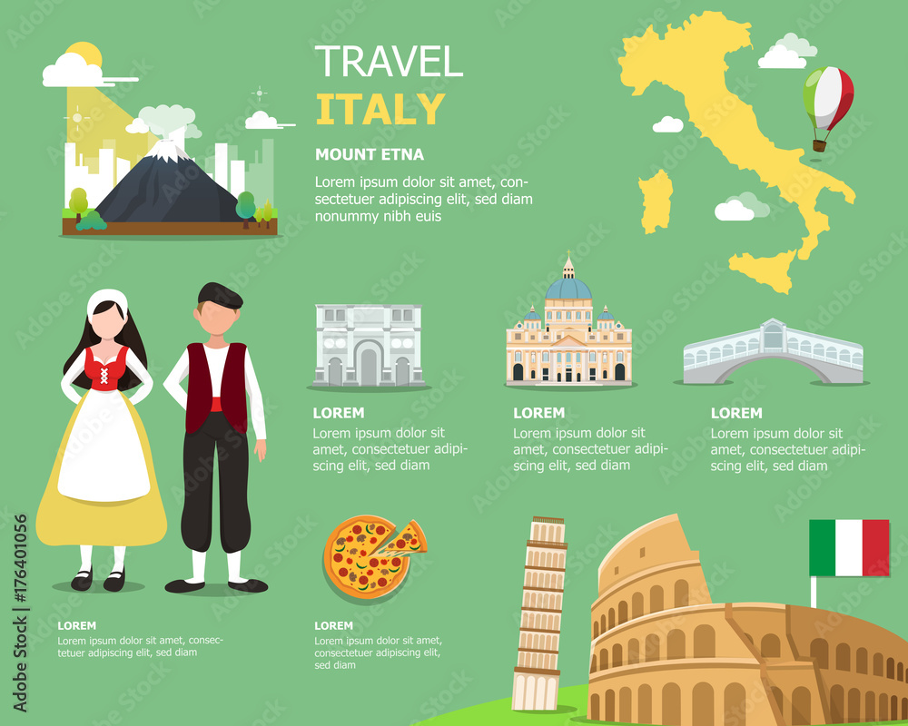 Traveling to Italy by landmarks map illustration