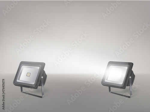 Theater, cinema, studio beaming spotlights on a stand realistic vector illustration. Turned on and off cine lighting units, lightning equipment for performance or premiere stage illumination