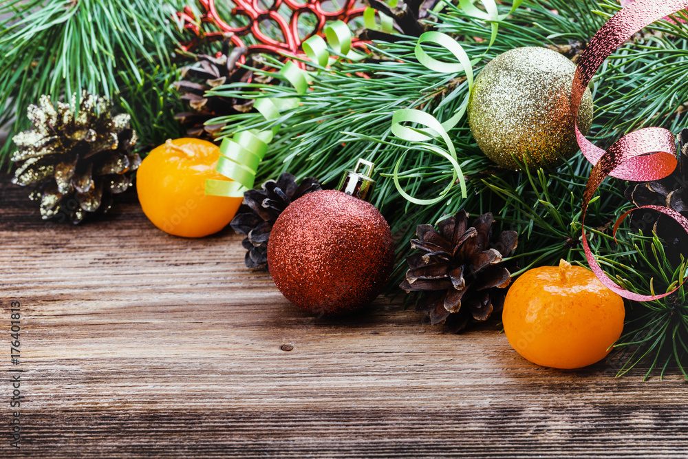 Christmas decorations on wooden background Christmas decorations on wooden background