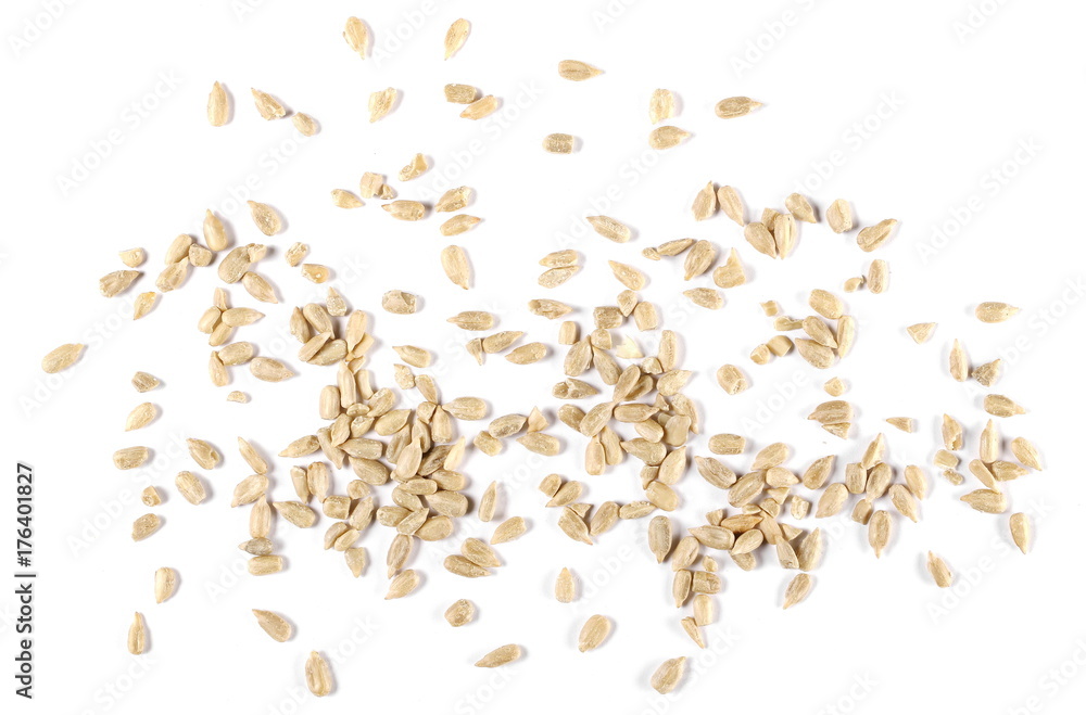 Sunflower seeds isolated on white background, top view Sunflower seeds isolated on white background, top view