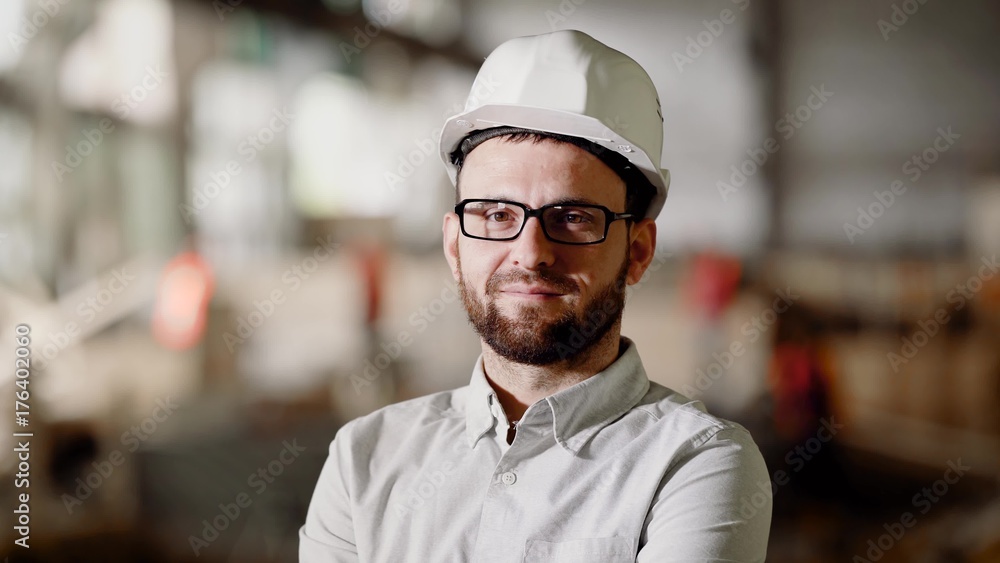 Close up of bearded man in white shirt, protective helmet and eyeglasses standing in construction area. Young architect working in building site. Male engineer controlling the process of building-up. Close up of bearded man in white shirt, protective helmet and eyeglasses standing in construction area. Young architect working in building site. Male engineer controlling the process of building-up.