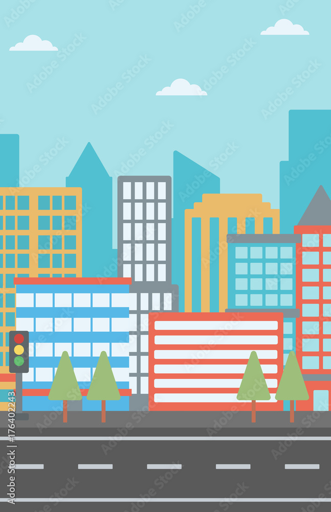 Background of modern city and a road vector flat design illustration. Vertical layout.