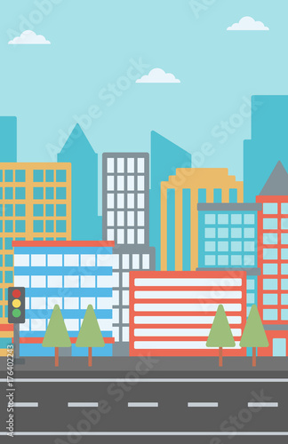 Background of modern city and a road vector flat design illustration. Vertical layout.