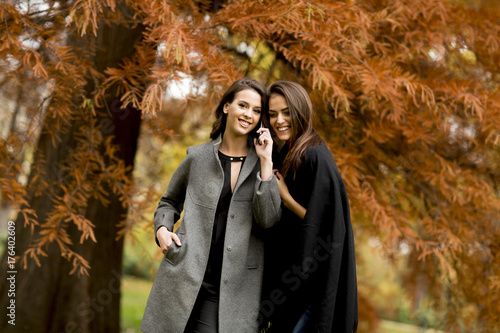 Two pretty young women usin...