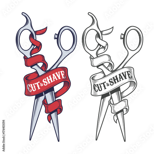 Colored and monochrome hairdressers scisors turned with ribbon engraved vector isolated on white background. Hairdressing tool or equipment illustration for barber shop emblem in retro style