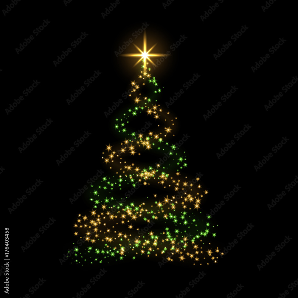Christmas tree card background. Gold Christmas tree as symbol of Happy New Year, Merry Christmas holiday celebration. Golden light decoration. Bright shiny design Vector illustration Christmas tree card background. Gold Christmas tree as symbol of Happy New Year, Merry Christmas holiday celebration. Golden light decoration. Bright shiny design Vector illustration