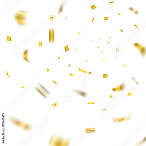 Gold confetti explosion celebration isolated on white background. Falling golden abstract decoration party, birthday celebrate or Christmas, New Year Festival decor Vector illustration