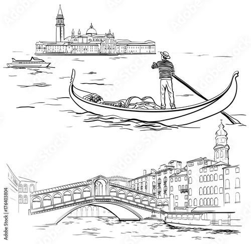 Papier peint Gondolier near Lido island, Rialto Bridge, Venice