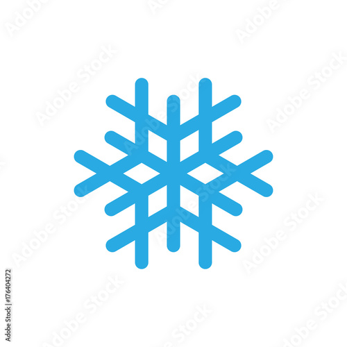 Snowflake icon. Blue silhouette snow flake sign, isolated on white background. Flat design. Symbol of winter, frozen, Christmas, New Year holiday. Graphic element decoration. Vector illustration