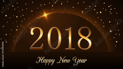 Happy New Year background with magic gold rain and globe. Golden numbers 2018 on horizon. Christmas and New Year night glitter planet design. Light, sparkle, glitter Vector illustration