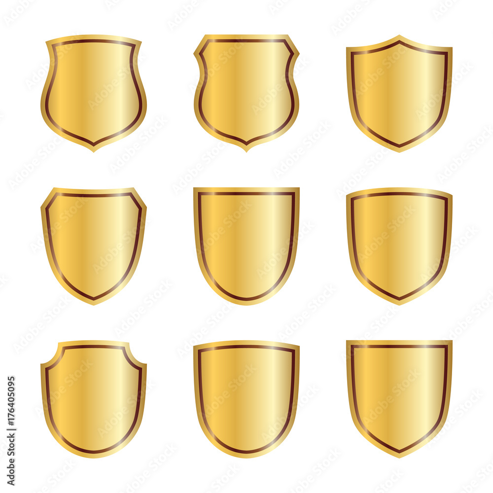 Gold shield shape icons set. 3D golden emblem signs isolated on white background. Symbol of security, power, protection. Badge shape shield graphic design Vector illustration Gold shield shape icons set. 3D golden emblem signs isolated on white background. Symbol of security, power, protection. Badge shape shield graphic design Vector illustration