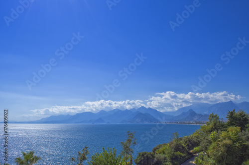 Panoramic view on Antalya mountains and Mediterranean Sea. Antalya, Turkey