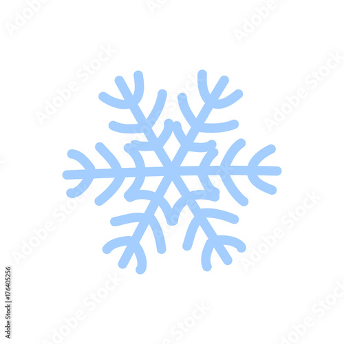 Snowflake icon. Blue silhouette snow flake sign, isolated on white background. Cartoon design. Symbol of winter, frozen, Christmas, New Year holiday. Graphic element decoration. Vector illustration