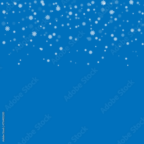 Christmas winter blue background with Christmas falling snowflakes. White elegant snowfall Christmas background. Happy New Year card design for holiday, winter Xmas decoration Vector illustration