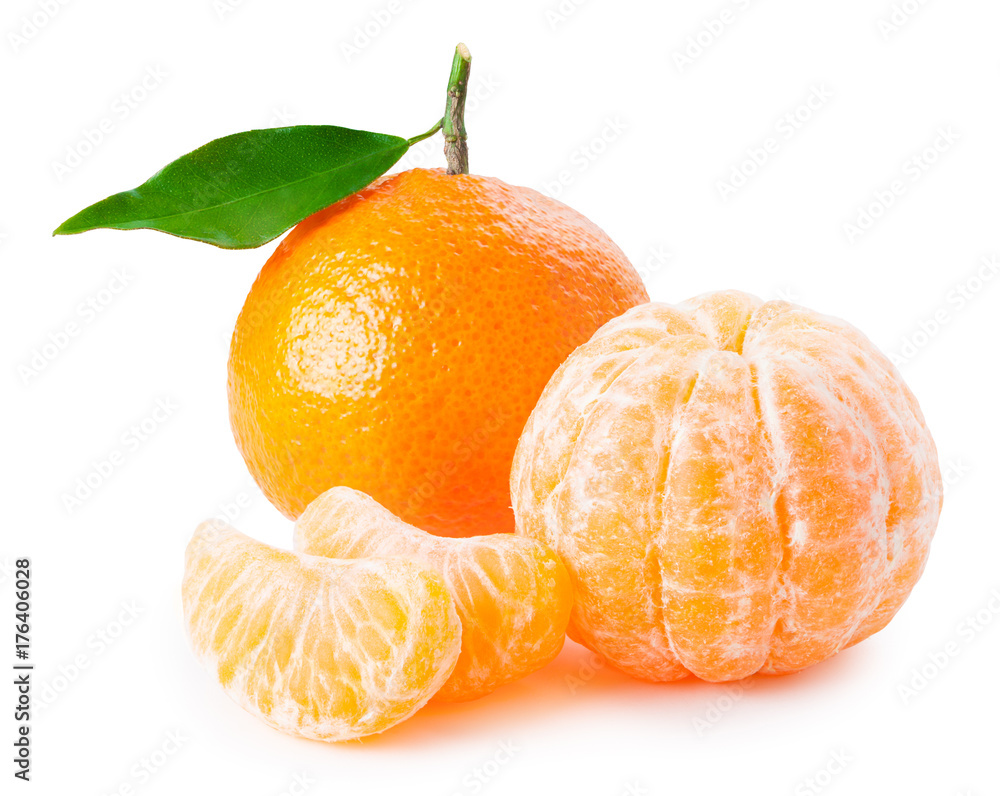 angerine or clementine with green leaf and slices isolated on white angerine or clementine with green leaf and slices isolated on white