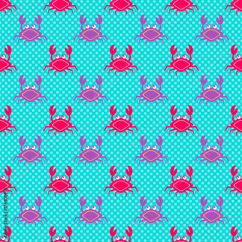 Seamless pattern with cartoon characters, polka-dot background