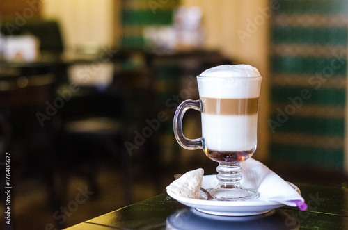 Soft focus on capuccino coffee cup, coffee for background - vintage effect process picture photo