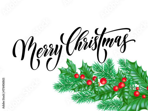 Merry Christmas greeting card of holy on snow white background. Vector winter holiday calligraphy wish text lettering design and New Year or Christmas decoration for celebration season
