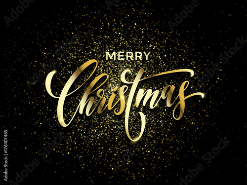 Merry Christmas wish greeting card of gold glitter confetti or sparkling fireworks on premium luxury black background. Vector golden calligraphy lettering design for New Year or Christmas holiday