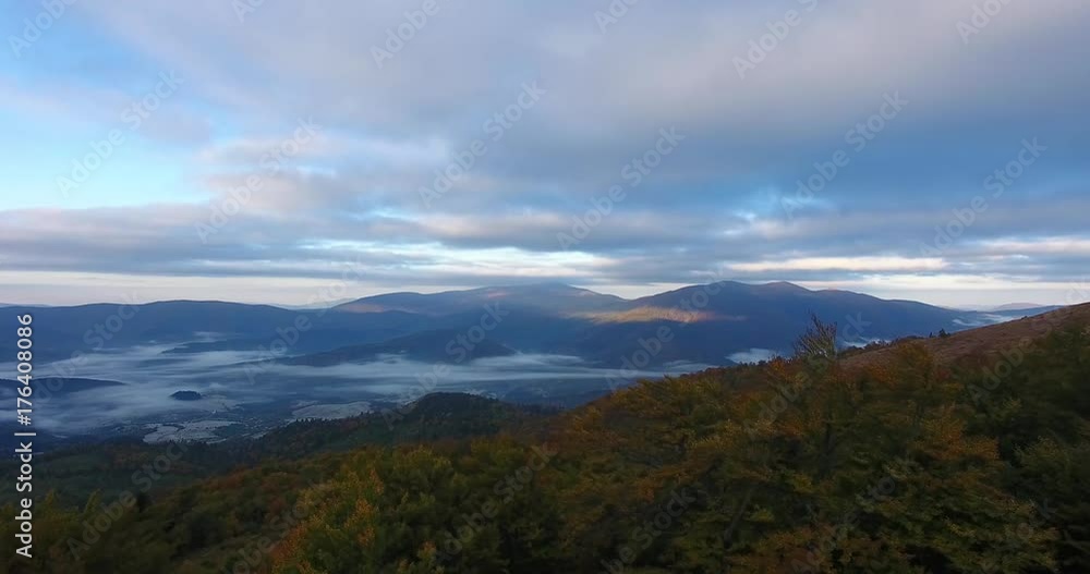Aerial view of autumn mountain forest in fog Aerial view of autumn mountain forest in fog