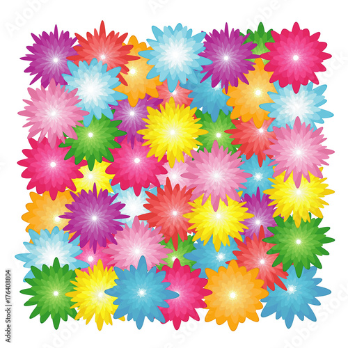 set of different heads of flowers square wallpaper, top view, fluffy, lots of leaves, pointed and rounded petals, pink, blue, yellow, green and red on a white background