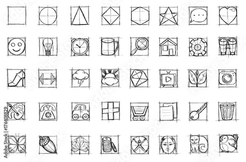 draw sketch icons set pictures of items for  buttons on a site