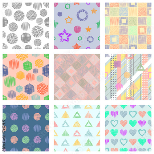 Set of seamless vector geometrical patterns with different geometric figures, forms. pastel endless background with hand drawn textured geometric figures. Graphic vector illustration