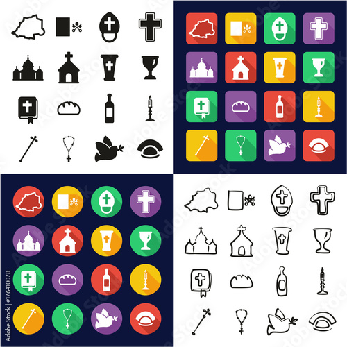 Vatican All in One Icons Black & White Color Flat Design Freehand Set