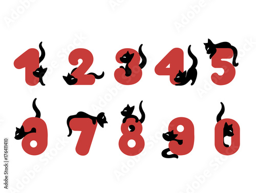 Set of funny alphabet number with characters cats from 0 to 9. Cartoon vector illustration of font figures on white background for children.