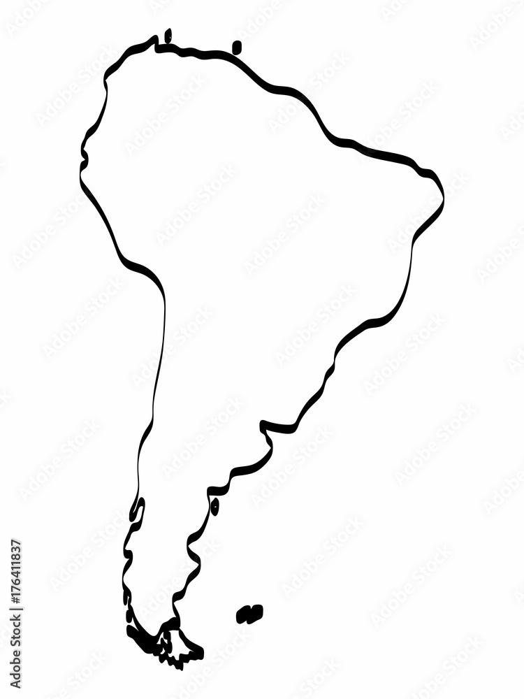 South America map outline graphic freehand drawing on white background ...