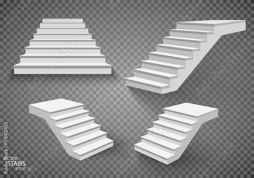 White stairs, 3d staircases. Set, Isolated on transparent background. EPS10