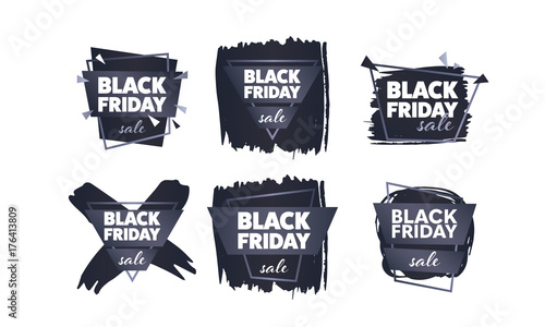 Black Friday Sale banner. Creative badge with ink splashes, paint strokes, geometric shapes. End of season, discount, sale tag. Banner for business, promotion and advertising. Vector illustration.