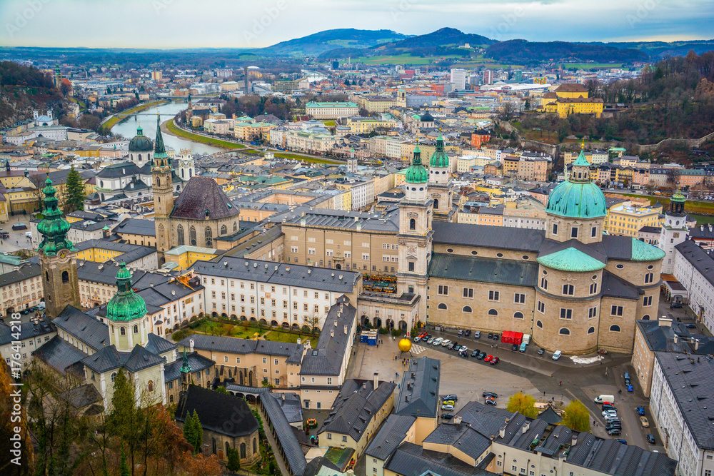 Panoramic view from Salzburg Fortress at sunset, Austria