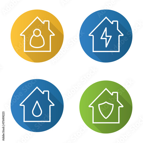 Houses flat linear long shadow icons set