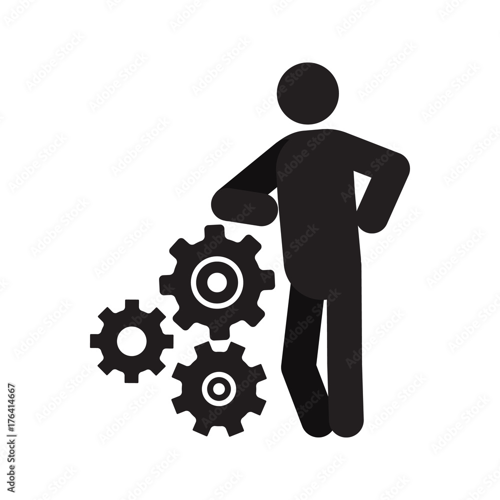 Man lean on cogwheels system silhouette icon Man lean on cogwheels system silhouette icon