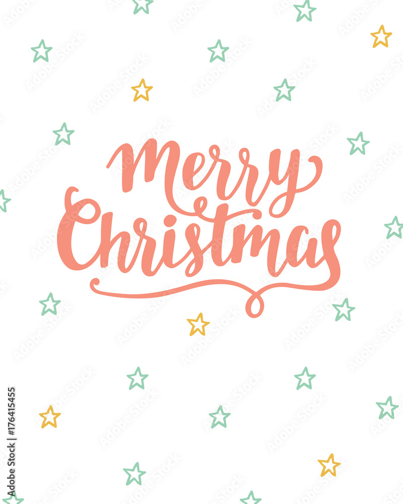 Merry Christmas greeting card. Brush hand lettering in coral, mint and gold colors Merry Christmas greeting card. Brush hand lettering in coral, mint and gold colors