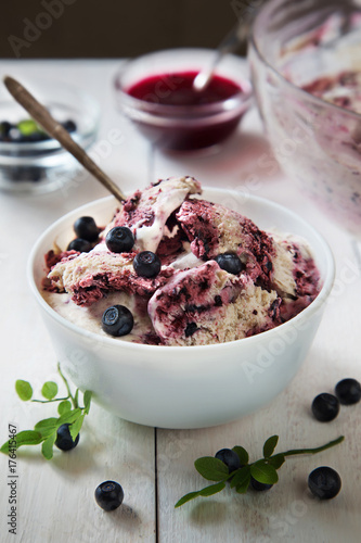 Bowl of blueberry homemade ice cream