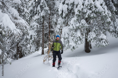 Tired traveler, in snowshoes, drags an armful of firewood