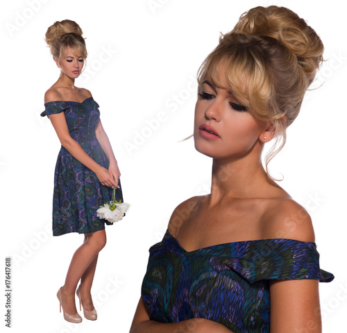 portrait of a beautiful blonde woman in retro dress 50-s style . photo