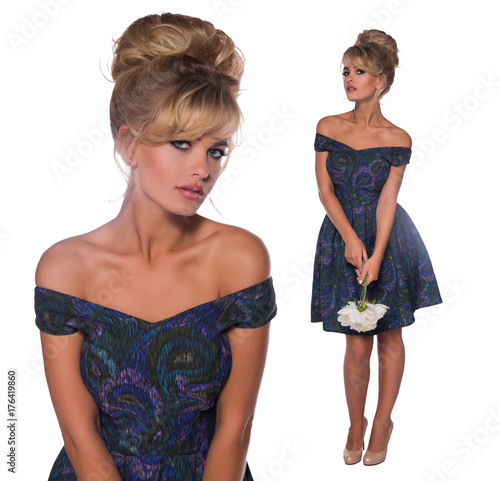 portrait of a beautiful blonde woman in retro dress 50-s style . photo