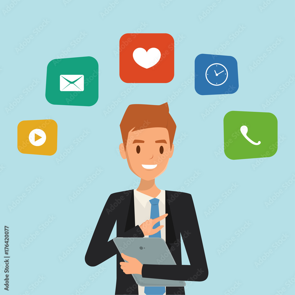 business man using a tablet to communication infographic. Illustration vector cartoon character design.