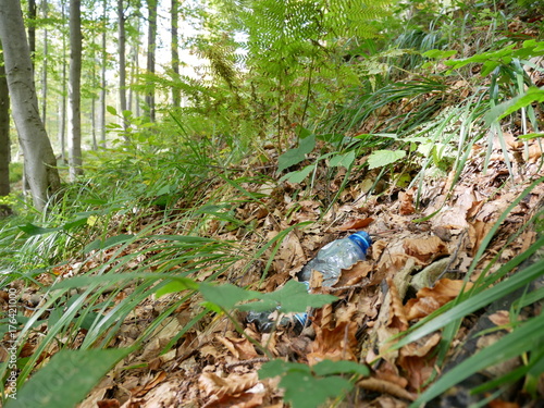 Ecological problems and pollution of nature by rubbish. A plastic bottle in the forest on the trail