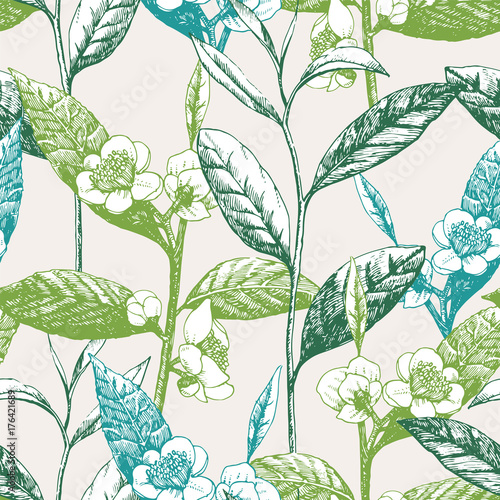 Hand-drawn seamless pattern with tea leaves and flowers, vector