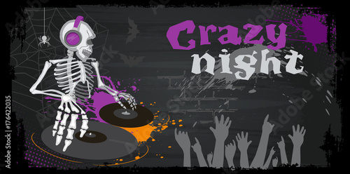 Poster or flyer with DJ skeleton for Halloween party. Disc Jockey with vinyl records in a nightclub. Cartoon Ghost, bones and spider. Background with web, horror. Silhouette of dancing people. Vector.