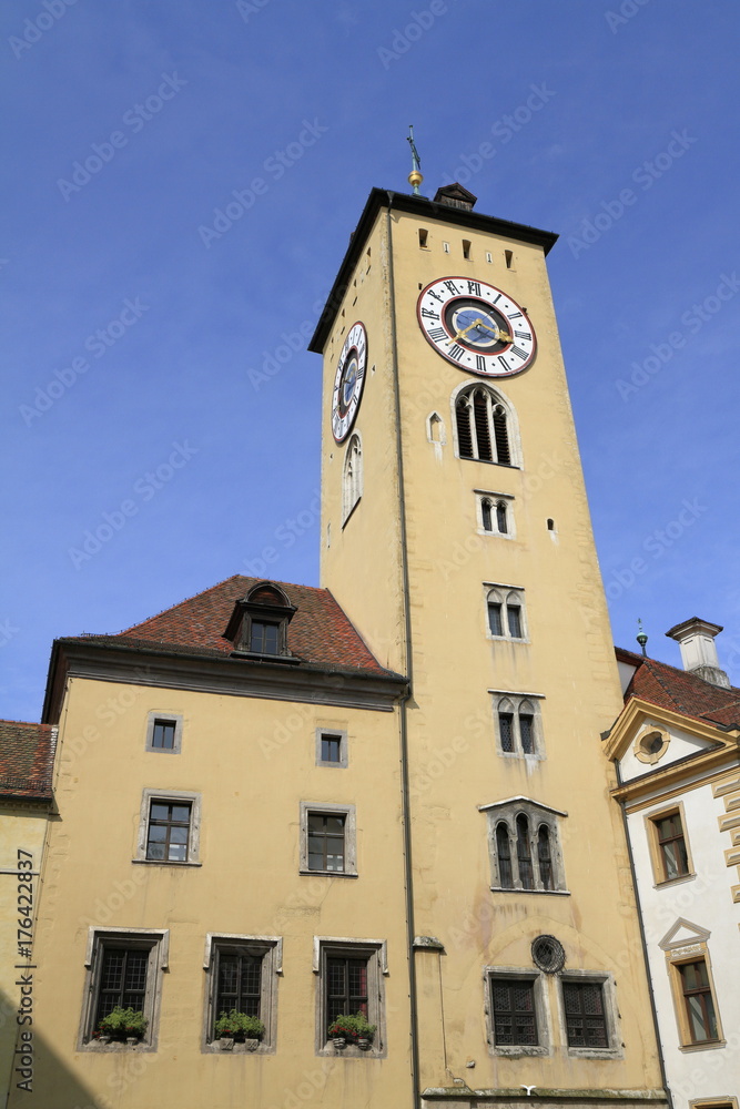 Clock tower of the old town hall in Regensburg