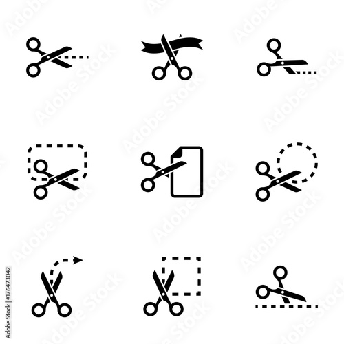Set of simple icons on a theme scissors, vector, design, collection, flat, sign, symbol,element, object, illustration, isolated. White background