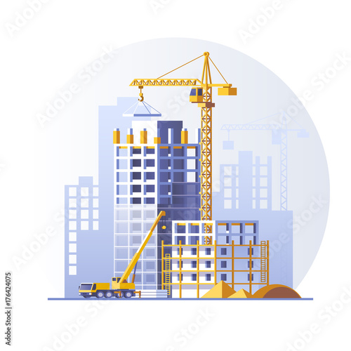 Construction of residential houses. Construction site concept design. Flat style vector illustration.