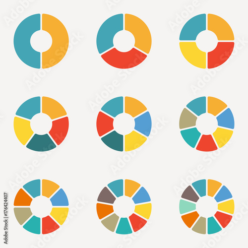 Circular diagram set. Pie chart template. Circle infographics concept with 2,3,4,5,6,7,8,9,10 steps, parts, levels or options. Colorful vector illustration.